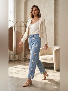 Oh Light Blue Pearl Flower wide leg  Jeans